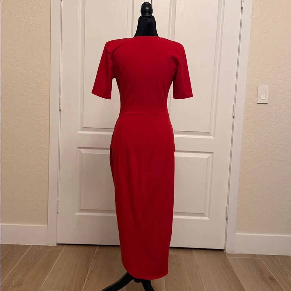 Fleur du Mal Red Deep Plunge Midi Dress with Side Ruching - Picture 6 of 13